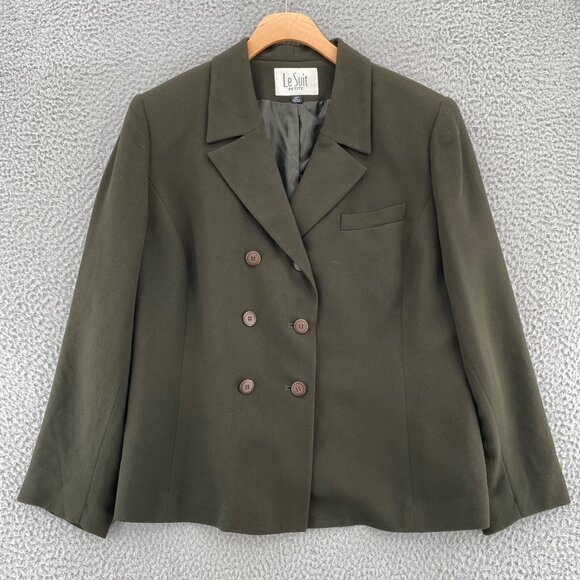 Le Suit Blazer Womens 12 Petite Green Double Breasted Button Up Career Office - Picture 1 of 9